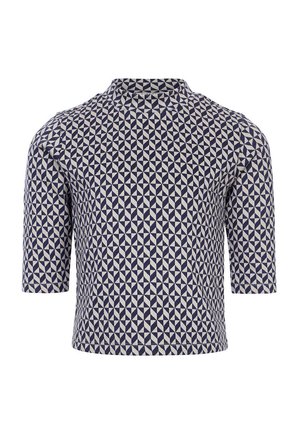 Korte mouw top van stof met een geometrisch patroon in marineblauw en beige, met een hoge halslijn en een getailleerde silhouet.