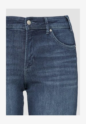 Dunkelblaue Jeans mit einem figurbetonten Design, aus Denim gefertigt. Zu den Merkmalen gehören eine Fronttasche, ein Reißverschluss und ein Metallknopfverschluss.