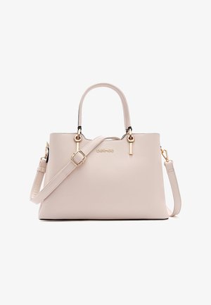 Beige lederen handtas met dubbele handvatten, verstelbare schouderriem en hardware in goudkleur, met het merk "Derimod" aan de voorkant.