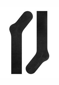 Zwarte sokken gemaakt van een zacht materiaal met een gladde textuur, voorzien van versterkte tenen en hielen. Eenvoudig, klassiek ontwerp zonder patronen.