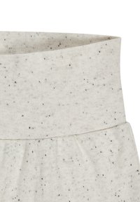 Light gray fabric with black flecks, featuring a wide, folded waistband and a smooth texture. The design is simple and unembellished.