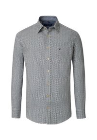Long-sleeve button-up shirt in light blue with a geometric print, featuring a fold-down collar, buttoned front, and a single chest pocket.