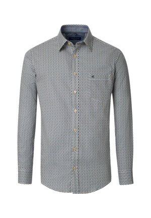 Long-sleeve button-up shirt in light blue with a geometric print, featuring a fold-down collar, buttoned front, and a single chest pocket.