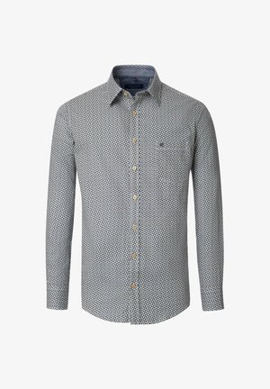 Langarm-Hemd in Hellblau mit geometrischem Muster, ausgestattet mit einem umschlagbaren Kragen, knöpfbarem Frontverschluss und einer Brusttasche.