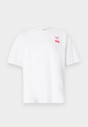 White cotton t-shirt with a crew neck, short sleeves, featuring a pink cherry graphic with a bow on the left chest.