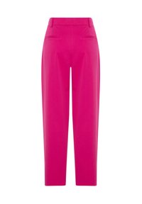 Bright pink tailored trousers with a straight leg design, featuring two back pockets and a smooth texture. No visible hardware or patterns.