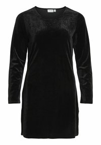 Vestido de terciopelo negro con mangas largas, escote redondo, diseño hasta la rodilla y textura suave y brillante.