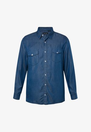Denim overhemd in een diepe blauwe kleur met een button-down kraag, lange mouwen en twee voorzakken. Heeft contrasterende knopen.
