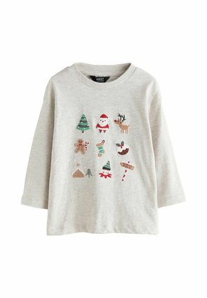 Camicia grigio chiaro a maniche lunghe con piccole icone natalizie festive tra cui Babbo Natale, renna, albero, pan di zenzero, calza, budino, casa, elfo e cartello del Polo Nord.