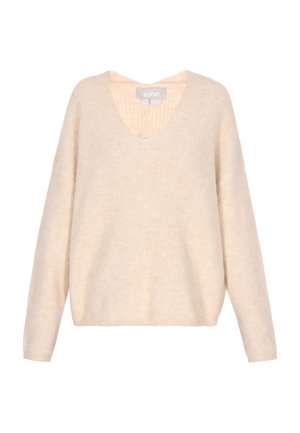 Bežový oversized sveter s hlbokým výstrihom do V, dlhými rukávmi a mäkkou, textúrovanou látkou s jemnými prúžkami. Viditeľná značka vo vnútri.