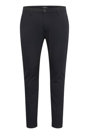 Black trousers made of smooth fabric; slim fit design with a flat front, standard button closure, and belt loops.