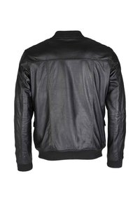 Zwart leren jack met een gladde textuur, geribbelde kraag en manchetten, zichtbare naden en een minimalistisch ontwerp. Alleen de achterkant is te zien.