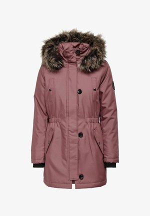 Parka isolée rose avec capuche en fourrure synthétique, fermeture à glissière et boutons à l'avant, deux poches latérales et taille élastique pour un ajustement réglable.