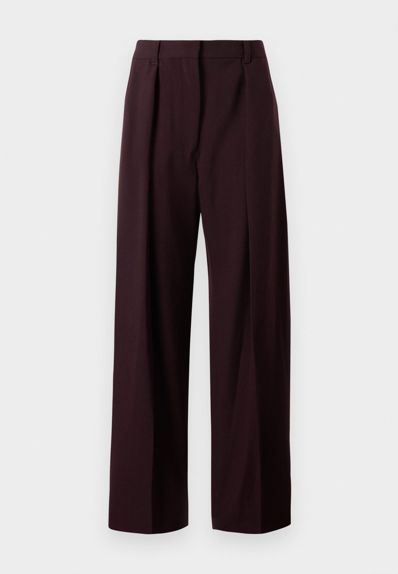 Pantaloni larghi bordeaux con pieghe, realizzati in un tessuto morbido. Presentano una vita con passanti per cintura e un taglio pulito all'orlo.
