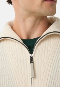 Nahaufnahme vom Hals und Untergesicht eines Mannes, der einen cremefarbenen Zopfmuster-Strickpullover mit Reißverschluss über einem dunkelgrünen Hemd trägt.