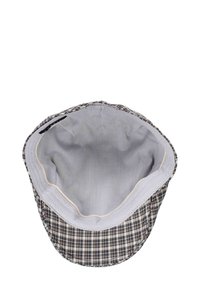 Patterned cap with a checked design in brown and white. Soft gray interior lining with visible stitching and a slightly curved brim.