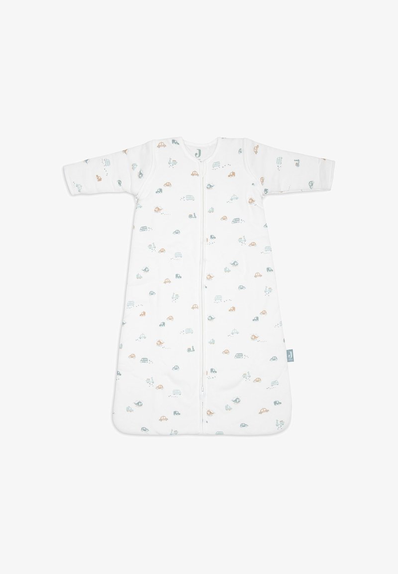 Sac de sommeil blanc à manches longues, orné d'un motif de voitures et d'escargots en bleu doux et orange. Fermeture éclair sur le devant.