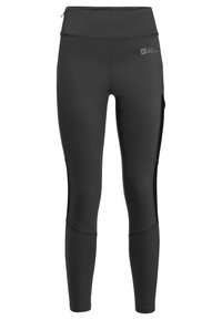 Zwarte sportleggings van een gladde, rekbare stof, met een hoge tailleband, zijzakken en versterkte naden voor duurzaamheid.
