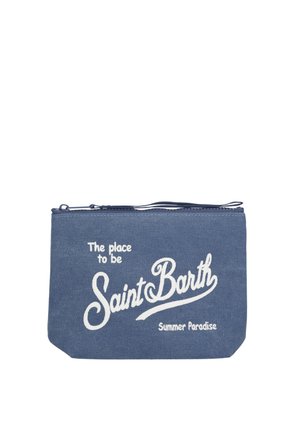 Piccola pochette blu con cerniera e scritta bianca "The place to be Saint Barth Summer Paradise" sul lato frontale.