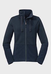 Marineblaue Zip-Up-Jacke mit strukturiertem oberen Bereich, glattem unteren Bereich, hohem Kragen und Kordelzügen. Verfügt über einen Frontreißverschluss und ein dezentes Logo.