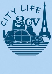 Grafika s načrtnutým modrým autem 2CV s kruhovými pruhy, Eiffelovou věží a textem "MĚSTSKÝ ŽIVOT" na světle modrém pozadí.