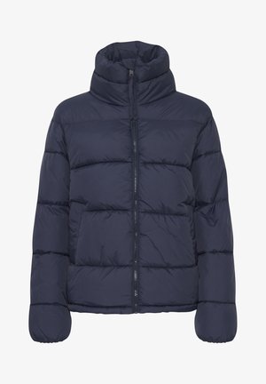 Tumesinine puhviparka kõrge kaelusega, lukuga esiosa ja tikandiga disain. Omab täispikki varrukaid ja küljetaskut funktsionaalsuse tagamiseks.