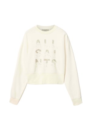 Hvid cropped sweatshirt med lange ærmer og mønster af metalliske prikker, der danner ordet "ALLSAINTS" på forsiden.