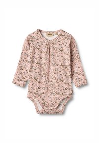 Langärmliger Baby-Body aus weichem pinkfarbenem Stoff mit floralem Muster in Grün- und Blauakzenten. Rundhals und Druckknöpfe im unteren Bereich.