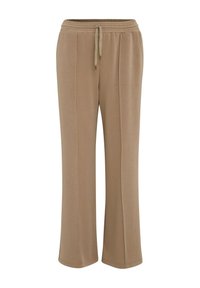 Beige wijde broek met een elastische tailleband en trekkoord. Gemaakt van zachte stof, hebben ze zijnaad voor een gestroomlijnd design.