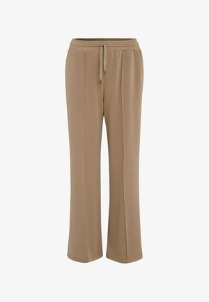 Beige wide-leg pants with an elastic waistband and drawstring. Made of soft fabric, they feature side seams for a streamlined design.