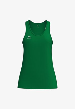 Débardeur de sport vert sans manches avec encolure arrondie, logo Erima sur la poitrine, conçu pour les vêtements de sport.