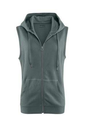 Ärmelloser, grün-grauer Reißverschluss-Hoodie mit Fronttaschen und Kordelzug, entworfen für Freizeit- oder Sportbekleidung.