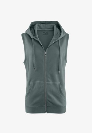 Ärmelloser, grün-grauer Reißverschluss-Hoodie mit Fronttaschen und Kordelzug, entworfen für Freizeit- oder Sportbekleidung.