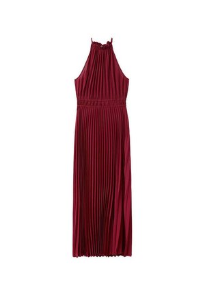 Vestido maxi burdeos plisado sin mangas, con cuello alto y detalle de cintura elástica.