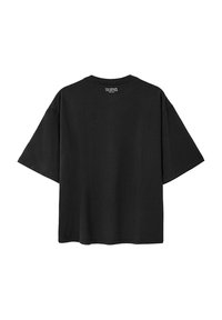 Black cotton T-shirt with a loose fit, short sleeves, and crew neckline. Back features subtle branding near the collar. Smooth texture.