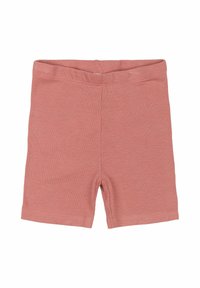 Hladké, jemne ružové šortky so zúženým pásom a priliehavým strihom. Tkanina má hladkú a mierne elastickú štruktúru.