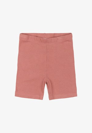 Ribota, maigi rozā šorti ar elastīgu jostu un ciešu piegriezumu. Auduma tekstūra ir gluda un nedaudz elastīga.