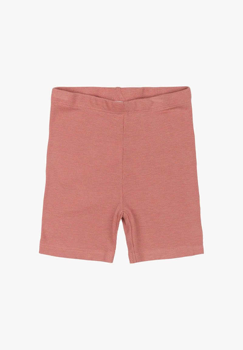 Pantaloni corti a coste, di un rosa tenue, con vita elastica e vestibilità aderente. La texture del tessuto è liscia e leggermente elastica.