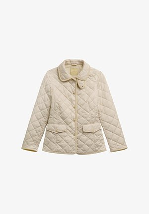 Beżowa pikowana kurtka z zapięciem na zatrzaski, dwoma przednimi kieszeniami z patkami oraz kołnierzem z paskiem zapinanym na guzik.