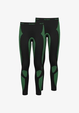 Black leggings with green accents, featuring a textured pattern and smooth surface. Designed for active wear with a fitted shape.
