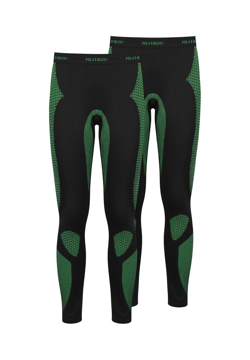 Black leggings with green accents, featuring a textured pattern and smooth surface. Designed for active wear with a fitted shape.