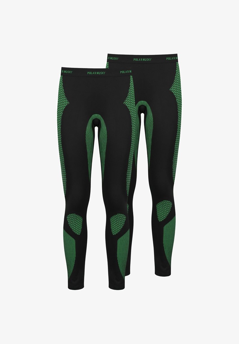 Black leggings with green accents, featuring a textured pattern and smooth surface. Designed for active wear with a fitted shape.