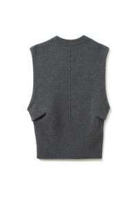 Gilet in lana lavorato a maglia senza maniche di colore grigio scuro con orlo a costine e scollatura rotonda, posato piatto che mostra il lato posteriore.