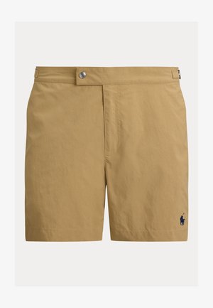 Beige katoenen korte broek met verstelbare tailleband, knoopsluiting aan de voorkant en klein donker polo-spelerlogo op de linkerzoom.