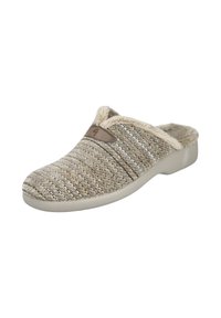 Zapatilla deslizante beige con parte superior de tejido trenzado con patrones sutiles, forro suave y suela de goma para tracción y comodidad.
