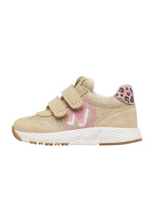 Child's beige sneaker with gold glitter, pink leopard print heel, pink logo, and two Velcro straps on a white sole.