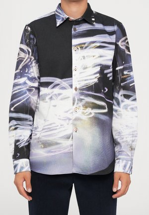Męska koszula na guziki z abstrakcyjnym wzorem czarnych, białych i fioletowych smug świetlnych, długimi rękawami i klasycznym kołnierzem.