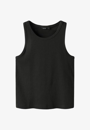 Czarny prążkowany top na ramiączkach z okrągłym dekoltem i szerokimi wycięciami na ramionach. Posiada luźny fason i wykończone krawędzie dla schludnego wyglądu.