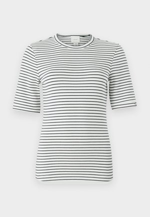 Gestreept t-shirt met korte mouwen in wit en marineblauw. Beschikt over een ronde hals en een zachte, rekbare stof met horizontale strepen.