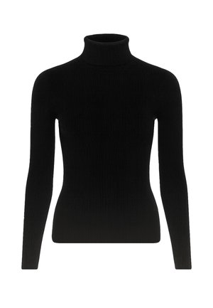 Black ribbed long-sleeve turtleneck sweater with a fitted silhouette and a high neck collar.